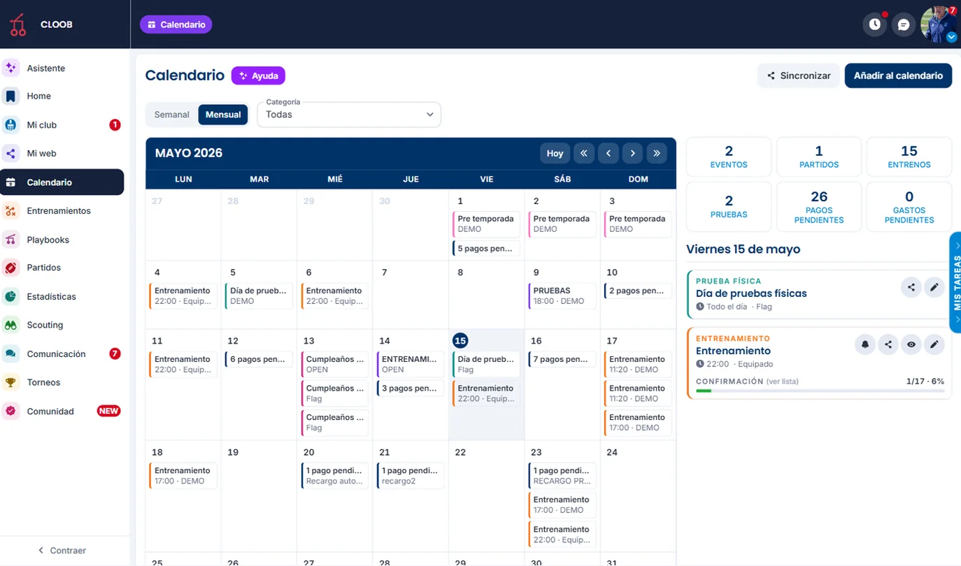 Calendario mensual del club en CLOOB con partidos, entrenamientos y eventos