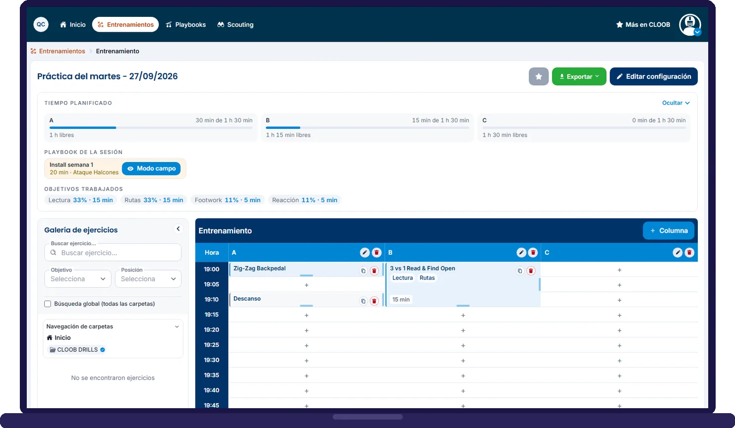 Planificador de prácticas del Coach Pass con bloques, tiempos y drills