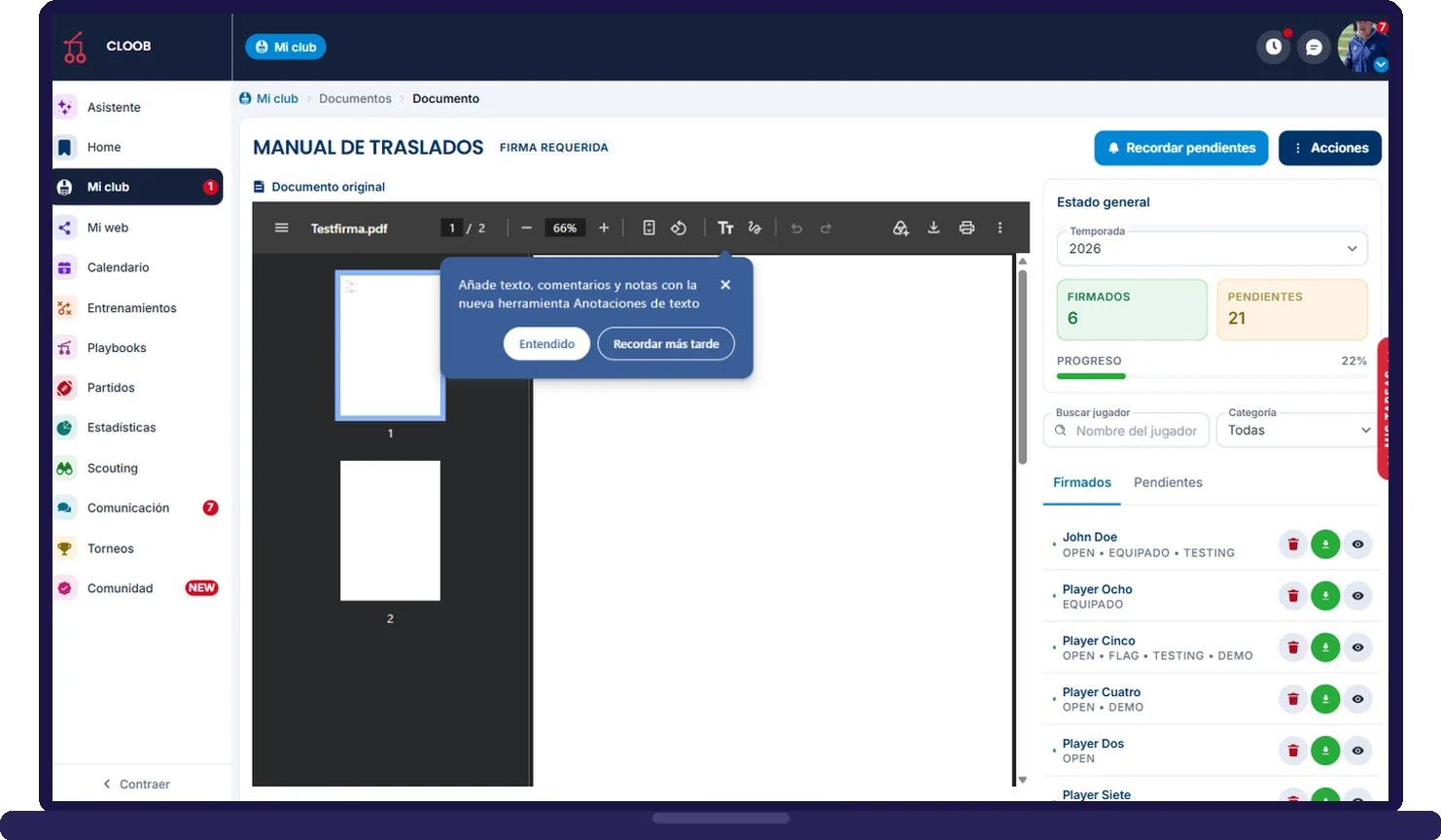 Documento con firma requerida en CLOOB: el PDF, el estado general, firmados y pendientes por jugador