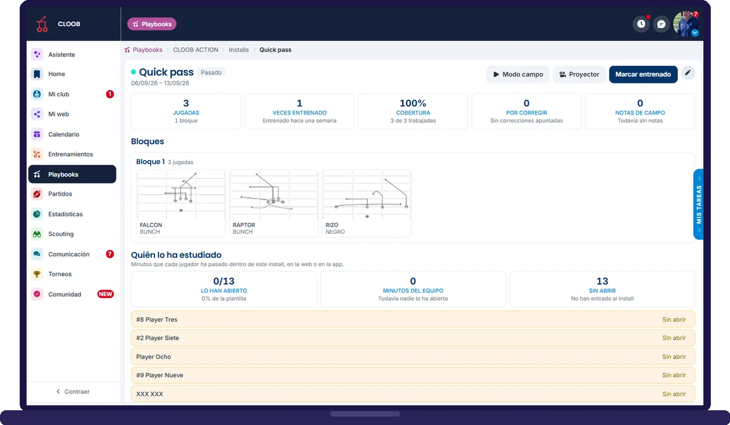 Install de la semana en CLOOB: bloques de jugadas, veces entrenado, cobertura y quién lo ha estudiado