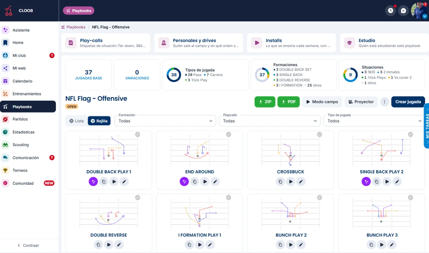 Playbook Offense 2026 en CLOOB con play-calls, personales, installs y estudio