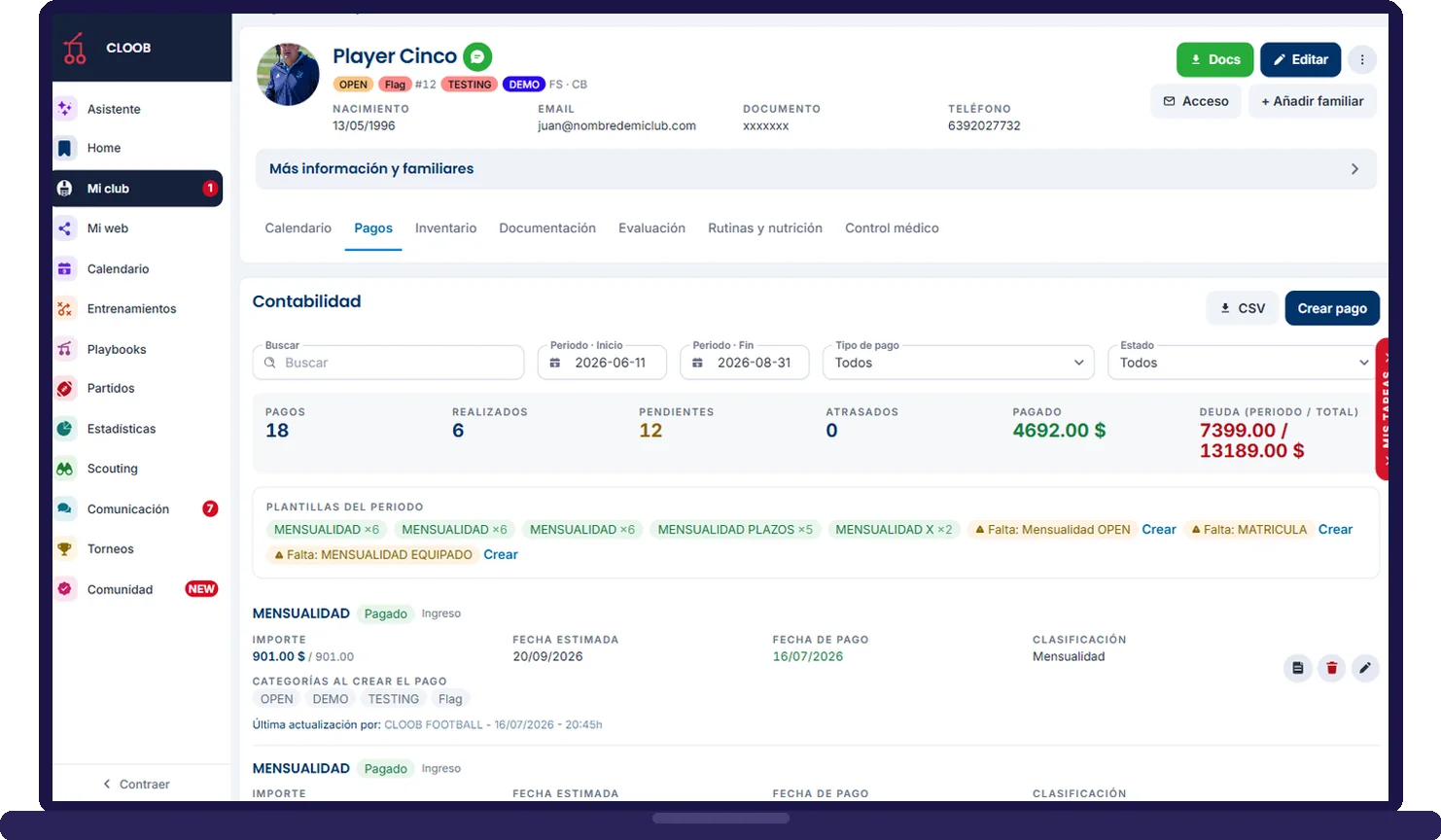Ficha de un jugador en CLOOB: datos, pestañas de calendario, pagos, inventario y documentación, y su contabilidad con pagos, pendientes y deuda