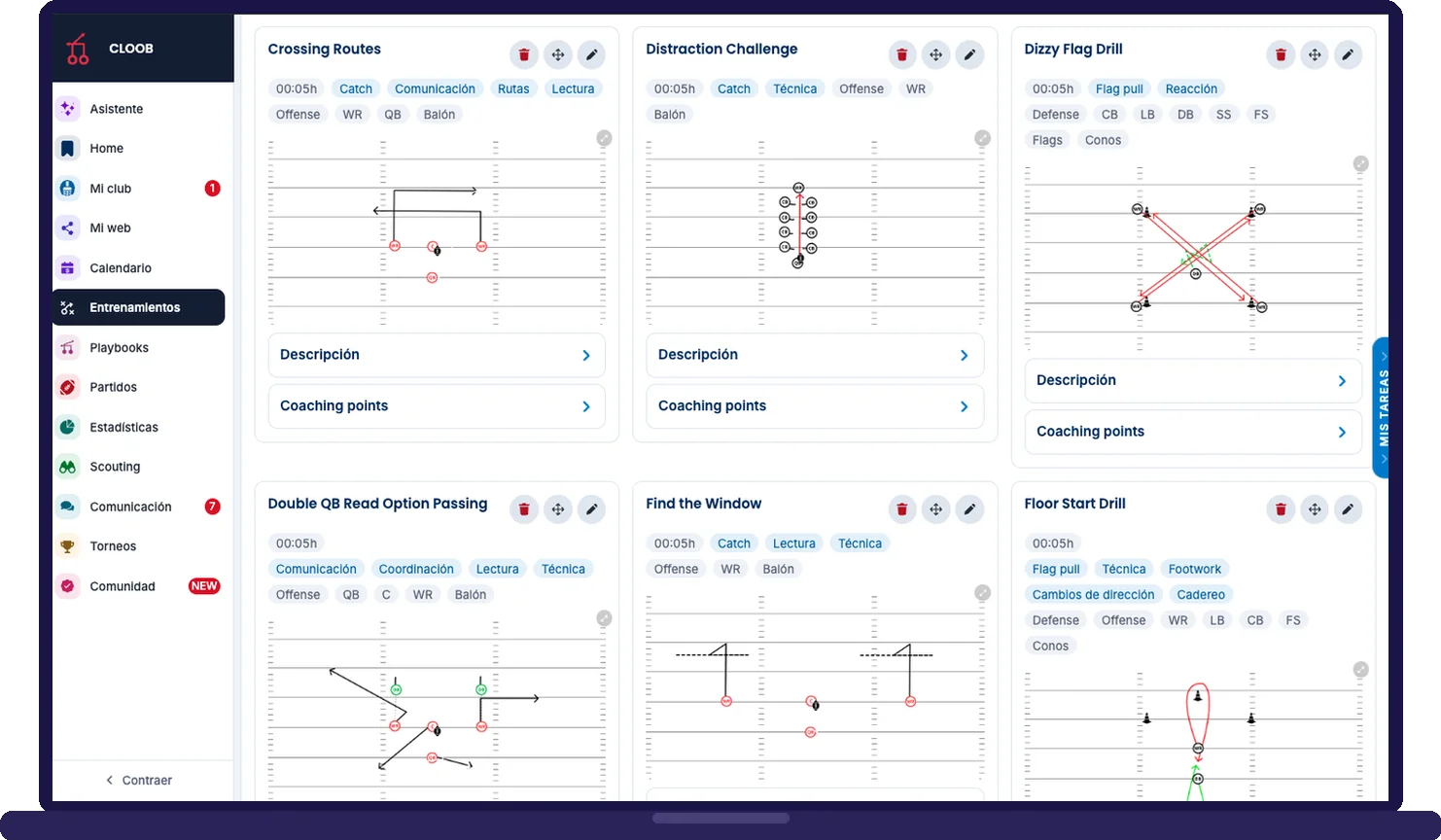 Biblioteca de drills de CLOOB: cada ejercicio con su diagrama, duración, objetivos, posiciones, descripción y coaching points