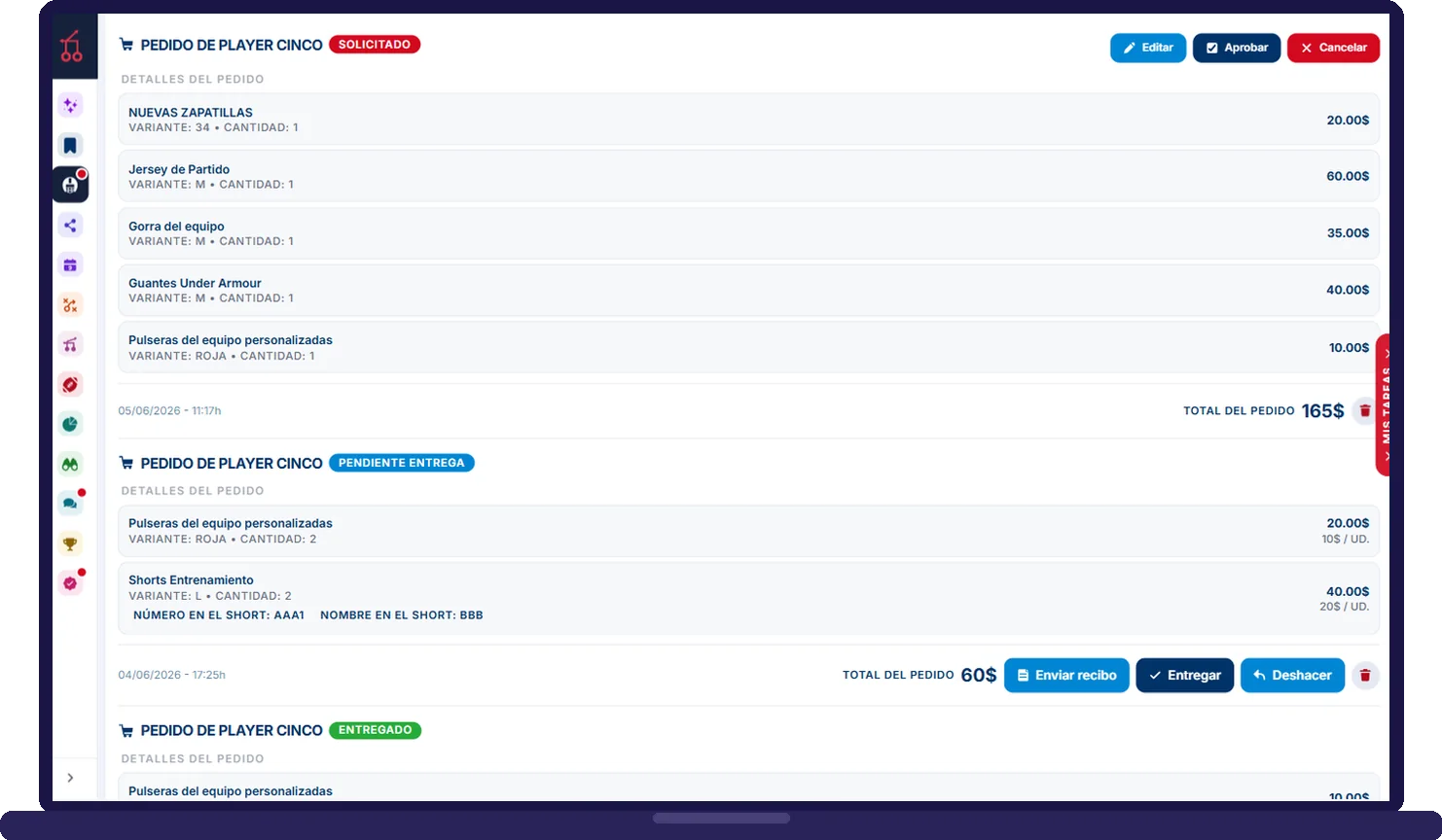 Club store orders in CLOOB: items with variant and quantity, order total and status