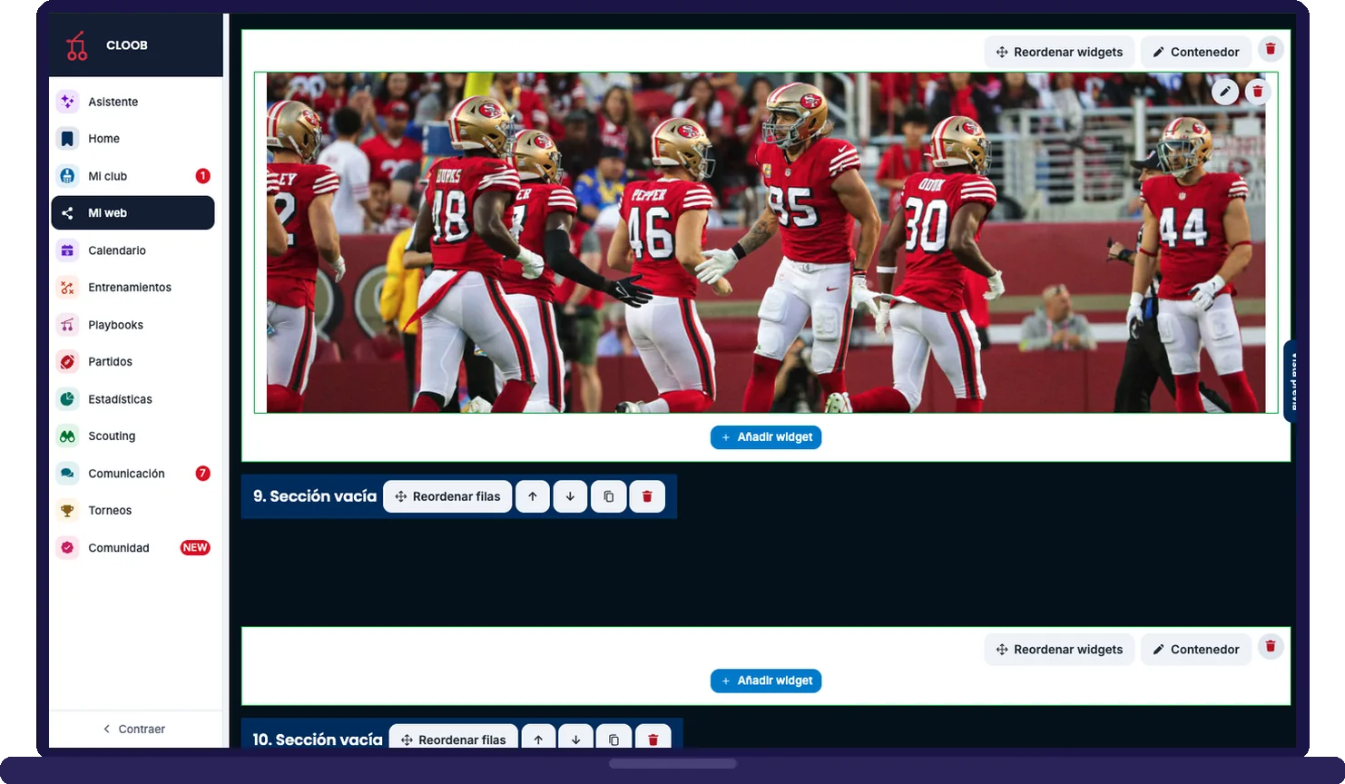 CLOOB public website editor: sections with widgets, cover photo and buttons to reorder and add