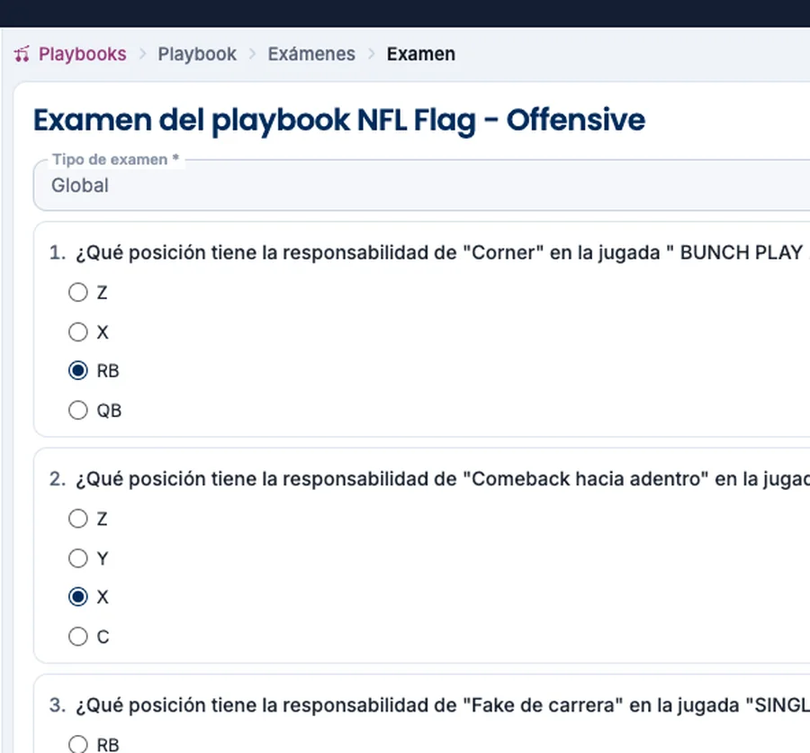 Playbook quiz a player takes in CLOOB: questions about each position’s responsibility on each play