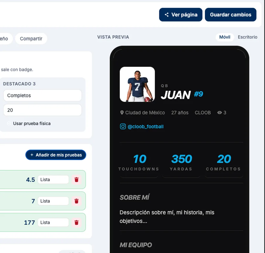 Public player profile in CLOOB: highlight numbers validated by the club and the phone preview