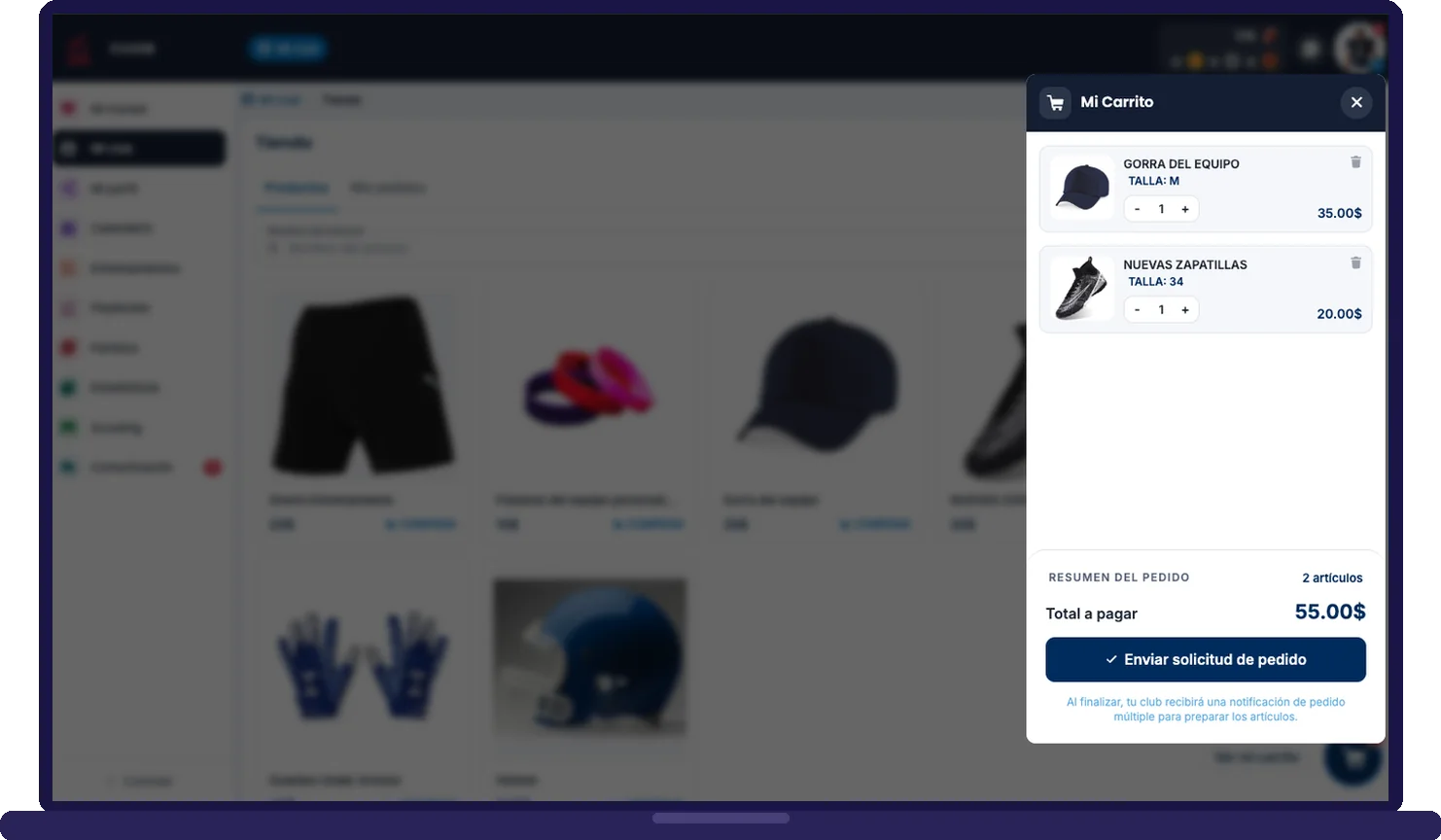 Club store in CLOOB: catalog with caps, shirts, gloves and helmets, and the cart with the order summary