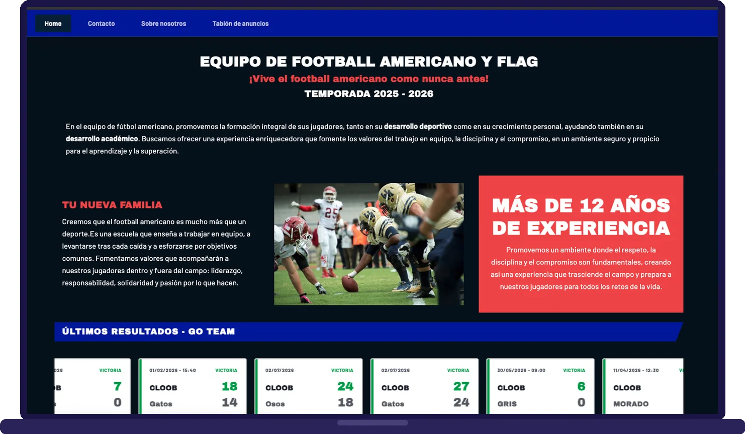 Public website of a club built with CLOOB: team presentation, photo and latest results