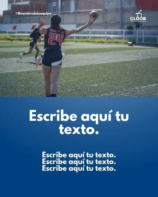 Plantilla con foto de una jugadora de flag football lanzando y bloque de texto