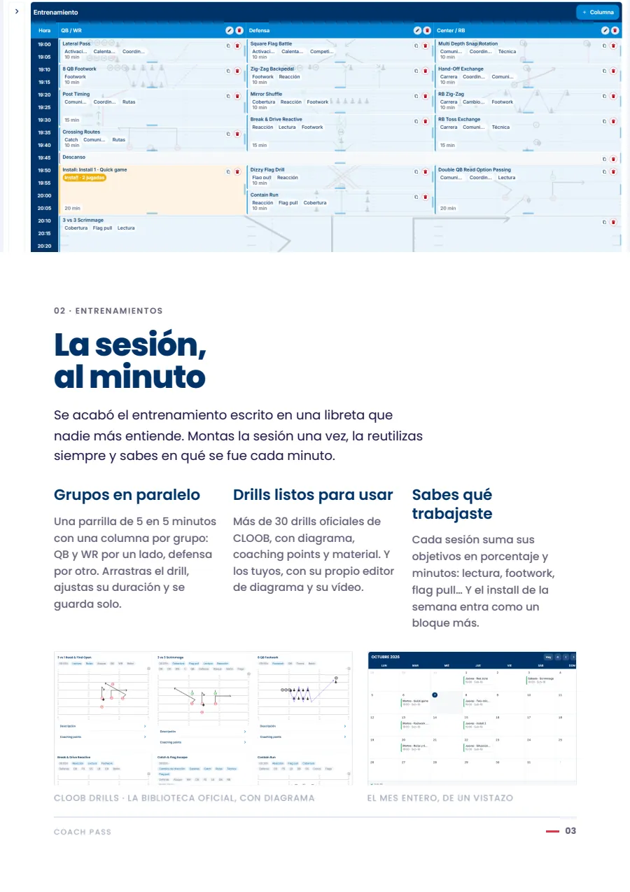 Página de la guía del Coach Pass sobre entrenamientos: la sesión al minuto, grupos en paralelo y drills