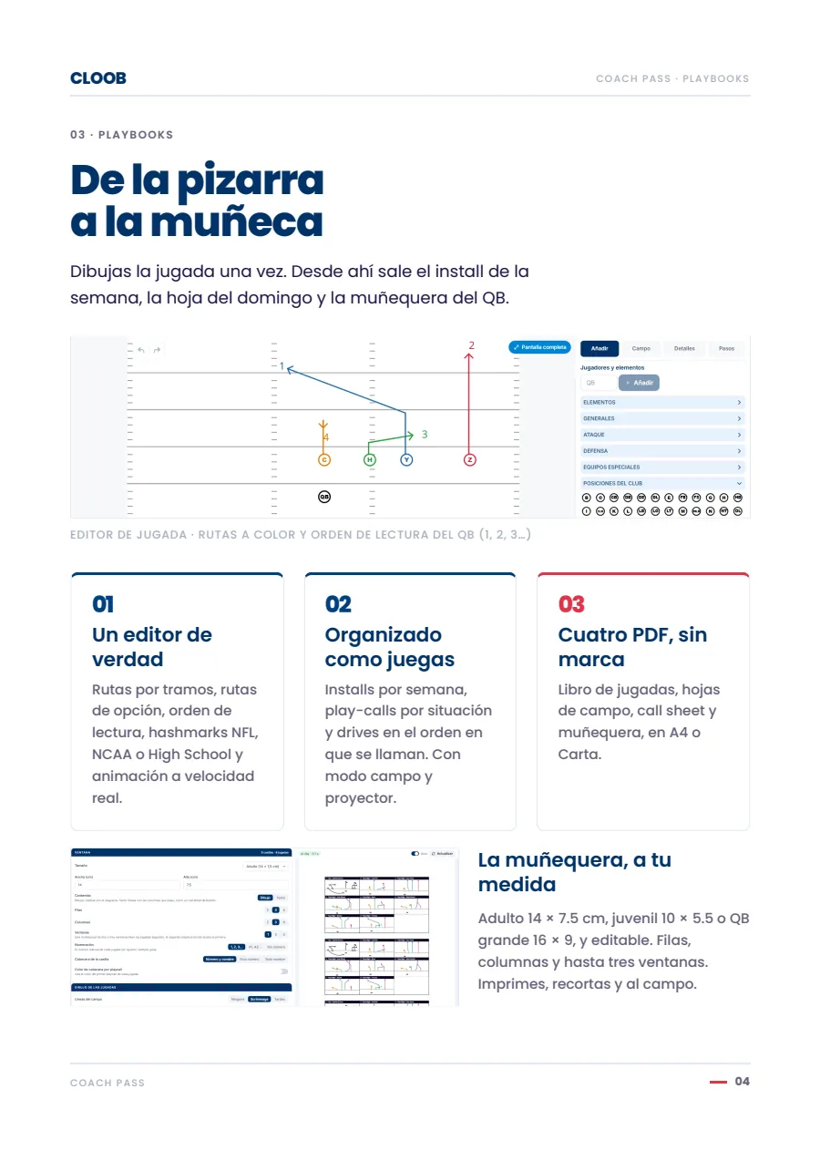 Página de la guía del Coach Pass sobre playbooks: editor de jugada, installs y PDF sin marca